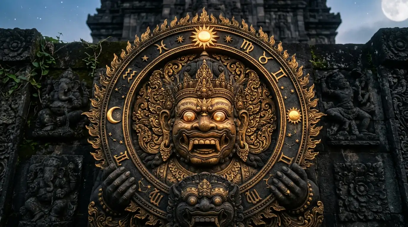 Ilustrasi Kala dengan ornamen tradisional di hadapan relief candi