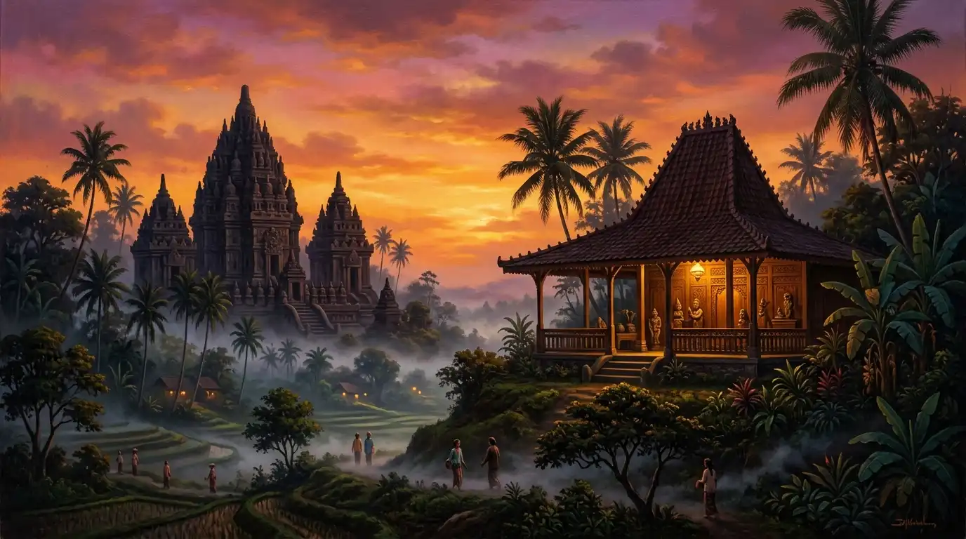 Lanskap ilustratif bernuansa senja dan malam dalam aset Wayah Jawa